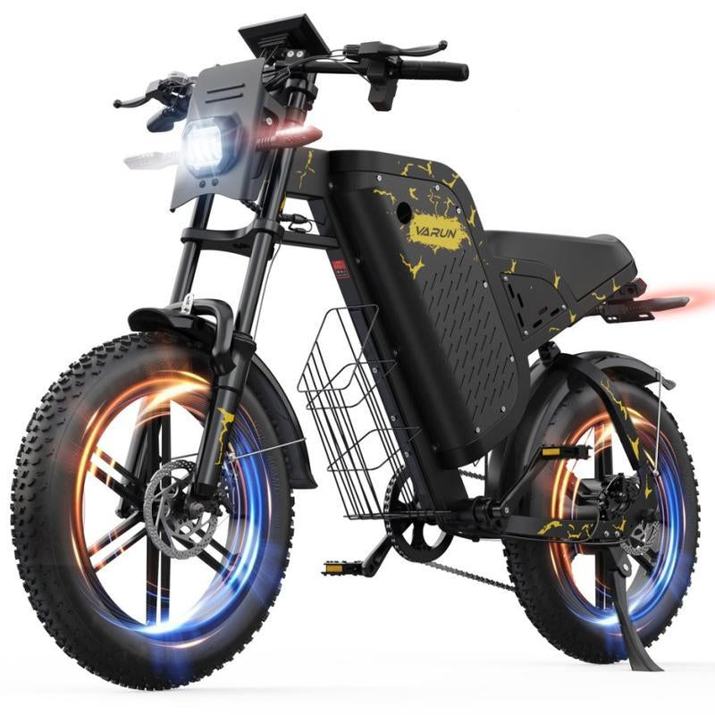 VARUN Electric Bike - Peak1000W Ebike for Adults up to 87Miles & 28MPH,48V 31.5Ah Battery, 20" Fat Tires, 7-Speed All-Terrain E-Bike with Suspension, LED Lights & Turn Signals - Dirt Bike Style