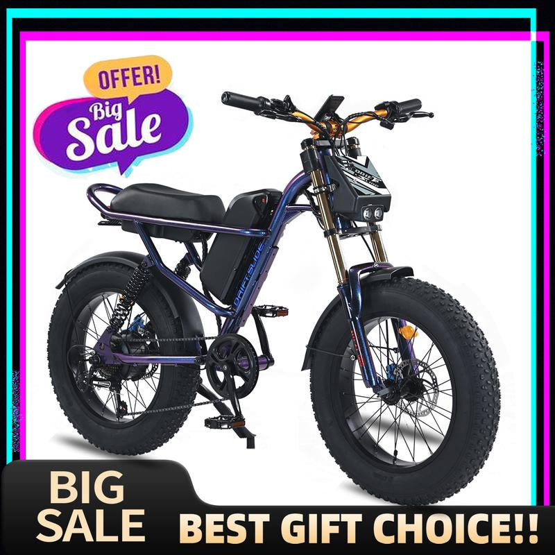 DRIFT.SLIDE 1500W Peak Power Electric Bike for Adults, 28 MPH 60 Miles Electric Moped Style Bike, 48V 20.8 Ah UL 2849 Removable Battery, 7 Speed 20" All Terrain Fat Tire Ebike (J1) Bicycle Light
