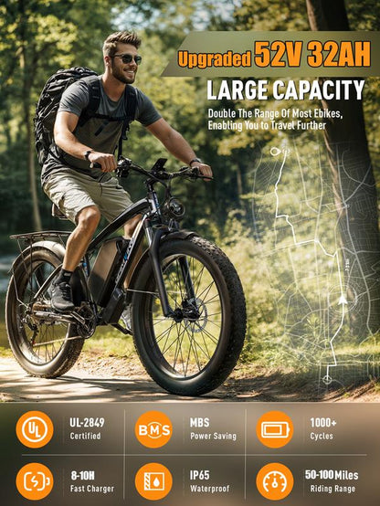 GAMVIRE V7 24''/26" Ebike for Adults Electric, Peak 2000W/2500W E-Bike, 52V19.2Ah/32Ah, Max 40Mph&100Miles, Hydraulic Disc Brake, off Road Snow Mountain Pedal Assist E-Bikes, Fat Tire Fast E-Bicycle, UL Certified