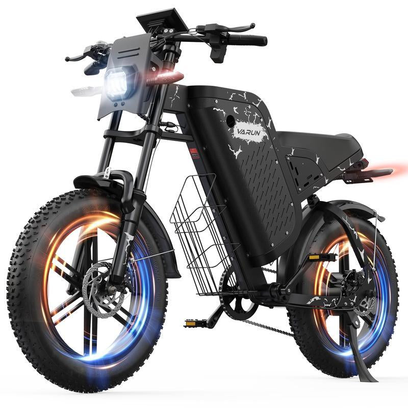 VARUN Electric Bike - Peak1000W Ebike for Adults up to 87Miles & 28MPH，48V 31.5Ah Battery, 20" Fat Tires, 7-Speed All-Terrain E-Bike with Suspension, LED Lights & Turn Signals - Dirt Bike Style