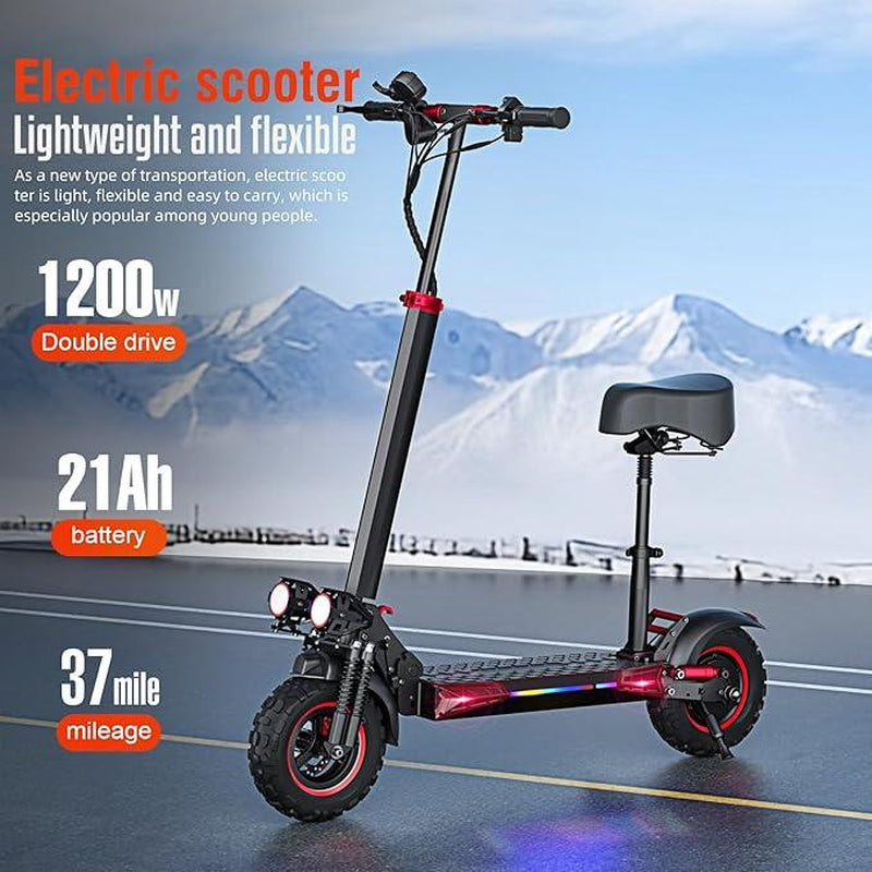 34MPH Speed Monster! Electric Scooter for Adults - 37 Mile Range, 34MPH /55KMH Top Speed, 11" Off-Road Tires, 48V18AH-UL Certified Battery,Foldable E-Scooter with Seat & LED Lights