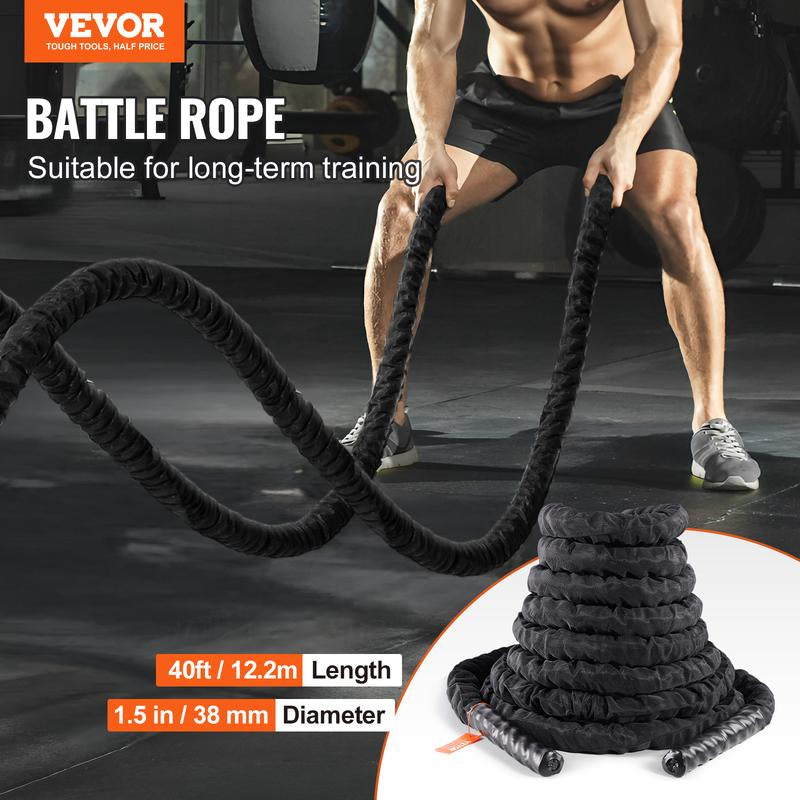 VEVOR Battle Rope, 1.5 Inch Diameter 40Ft Length Polyester Exercise Rope, Battle Exercise Equipment with Protective Sleeve & Anchor, Heavy Weighted Rope for Home Gym Workout Core Strength Training