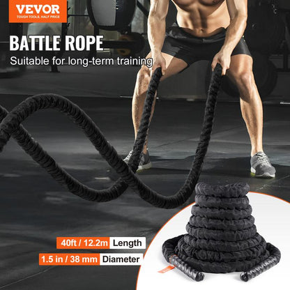 VEVOR Battle Rope, 1.5 Inch Diameter 40Ft Length Polyester Exercise Rope, Battle Exercise Equipment with Protective Sleeve & Anchor, Heavy Weighted Rope for Home Gym Workout Core Strength Training