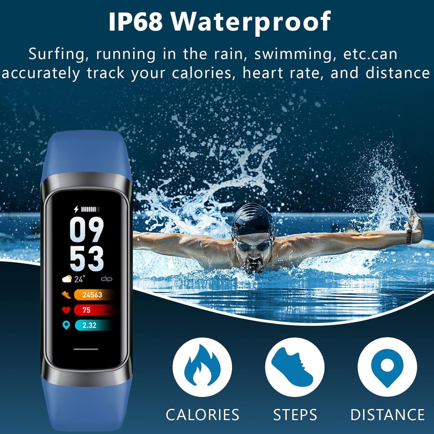 Fitness Tracker with 24/7 Heart Rate, Blood Oxygen Blood Pressure Sleep Monitor, Activity Trackers IP68 Waterproof,Step Calorie Counter Pedometer Health Smart Watch for Women Men (Blue)