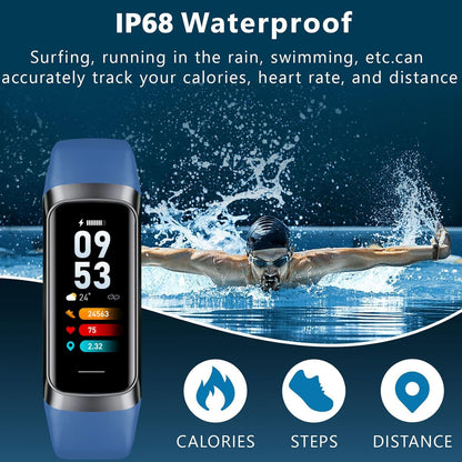 Fitness Tracker with 24/7 Heart Rate, Blood Oxygen Blood Pressure Sleep Monitor, Activity Trackers IP68 Waterproof,Step Calorie Counter Pedometer Health Smart Watch for Women Men (Blue)