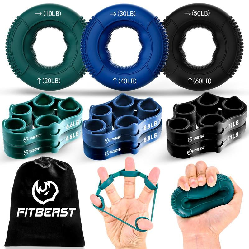 Fitbeast Funny Hand Grip Strengthener Workout Kit (5 Pack) Forearm Grip Adjustable Resistance Hand Gripper, Finger Exerciser, Finger Stretcher, Grip Ring & Stress Relief Grip Ball for Athletes
