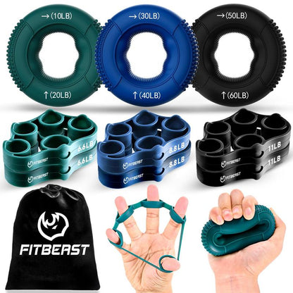 Fitbeast Funny Hand Grip Strengthener Workout Kit (5 Pack) Forearm Grip Adjustable Resistance Hand Gripper, Finger Exerciser, Finger Stretcher, Grip Ring & Stress Relief Grip Ball for Athletes