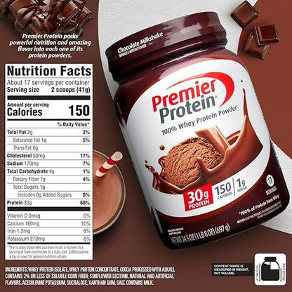 Premier Protein Powder, Chocolate Milkshake, 30G Protein, 1G Sugar, 100% Whey Protein, Keto Friendly, No Soy Ingredients, Gluten Free, 17 Servings, 24.5 Ounce (Pack of 1)