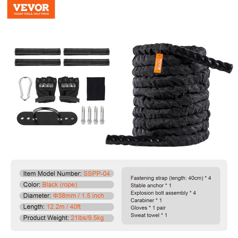 VEVOR Battle Rope, 1.5 Inch Diameter 40Ft Length Polyester Exercise Rope, Battle Exercise Equipment with Protective Sleeve & Anchor, Heavy Weighted Rope for Home Gym Workout Core Strength Training