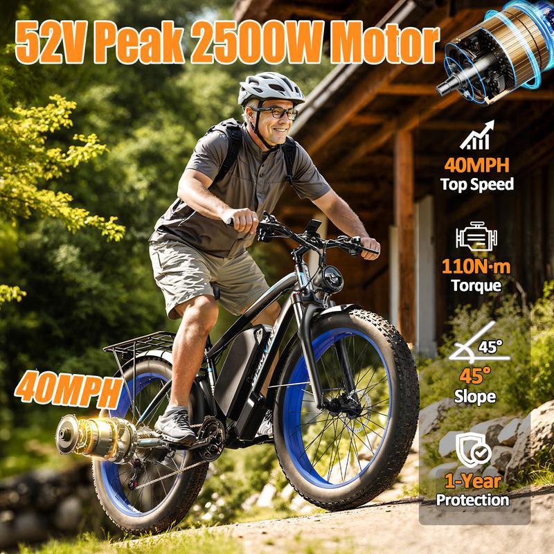 GAMVIRE V7 24''/26" Ebike for Adults Electric, Peak 2000W/2500W E-Bike, 52V19.2Ah/32Ah, Max 40Mph&100Miles, Hydraulic Disc Brake, off Road Snow Mountain Pedal Assist E-Bikes, Fat Tire Fast E-Bicycle, UL Certified