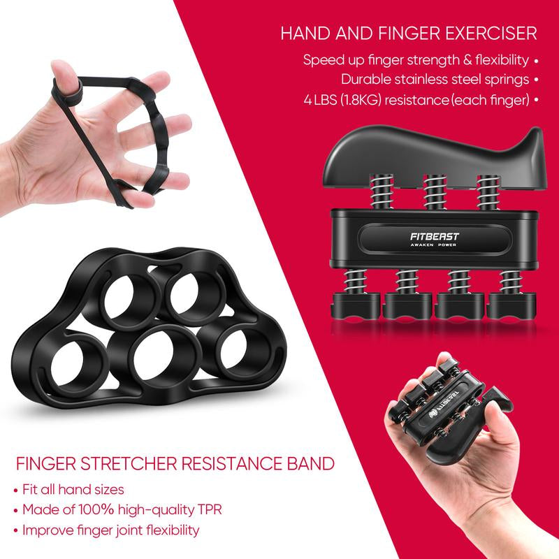 Fitbeast Funny Hand Grip Strengthener Workout Kit (5 Pack) Forearm Grip Adjustable Resistance Hand Gripper, Finger Exerciser, Finger Stretcher, Grip Ring & Stress Relief Grip Ball for Athletes