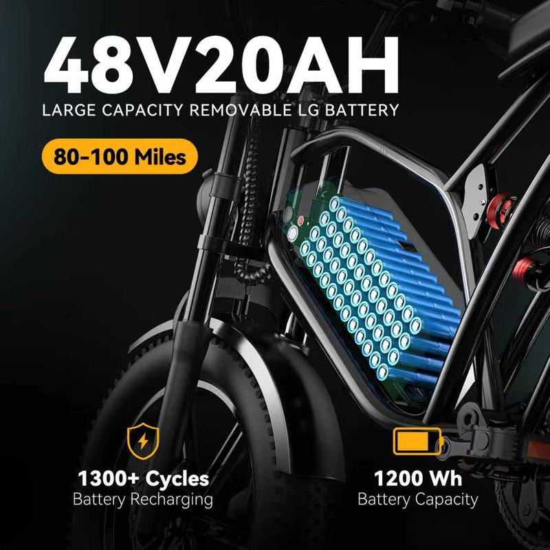 Electric Bike for Adults 1500W Peak 20" Fat Tire All-Terrain E-Bike 80+Miles 30MPH Electric Dirt Bike for Road Sand Mountain Snow - 48V 20 Battery Powered Electric Motorcycle