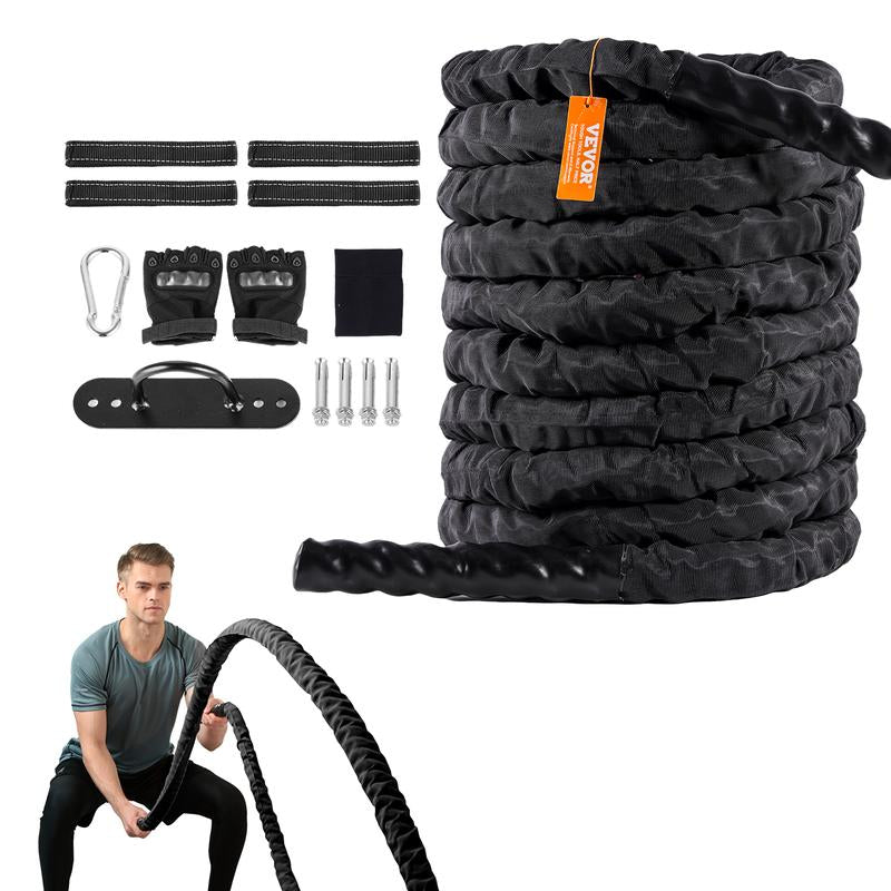 VEVOR Battle Rope, 1.5 Inch Diameter 40Ft Length Polyester Exercise Rope, Battle Exercise Equipment with Protective Sleeve & Anchor, Heavy Weighted Rope for Home Gym Workout Core Strength Training