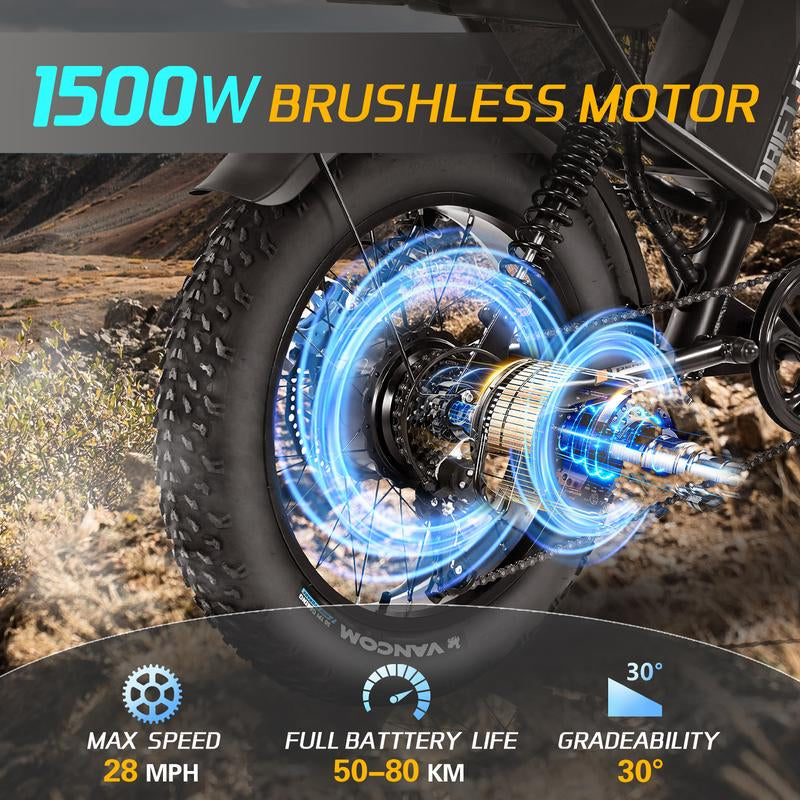 DRIFT.SLIDE 1500W Peak Power Electric Bike for Adults, 28 MPH 60 Miles Electric Moped Style Bike, 48V 20.8 Ah UL 2849 Removable Battery, 7 Speed 20" All Terrain Fat Tire Ebike (J1) Bicycle Light