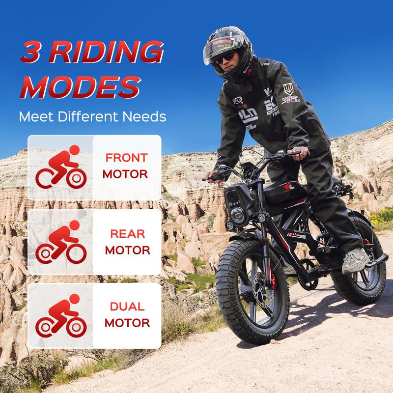 Electric Bike WO18 Dual-Motor 2000W Motor High Speed 35Mph,20''Off-Road Fat Tire with Shock Absorption,Electric Mountain Bike with 48V 25AH Battery,Electric Motorcycle for Adult Dirt Bike with Long Range High-Powered- E-Bike