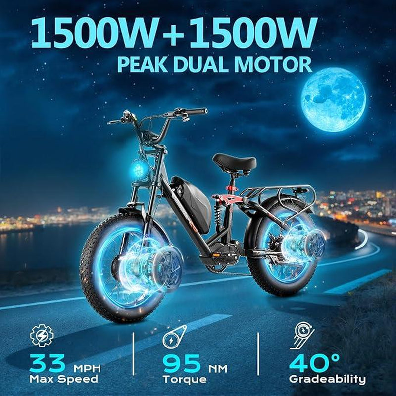 Eahora Luna I /Luna II Peak 1500W/3000W Electric Bike for Adults 30-33MPH 80Miles Long Range Dual Motors Ebike 48V 15A Battery Full Suspension Adult Electric Bike