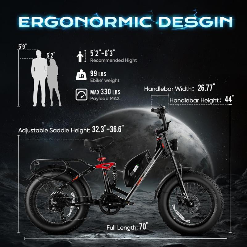 Eahora Luna I /Luna II Peak 1500W/3000W Electric Bike for Adults 30-33MPH 80Miles Long Range Dual Motors Ebike 48V 15A Battery Full Suspension Adult Electric Bike